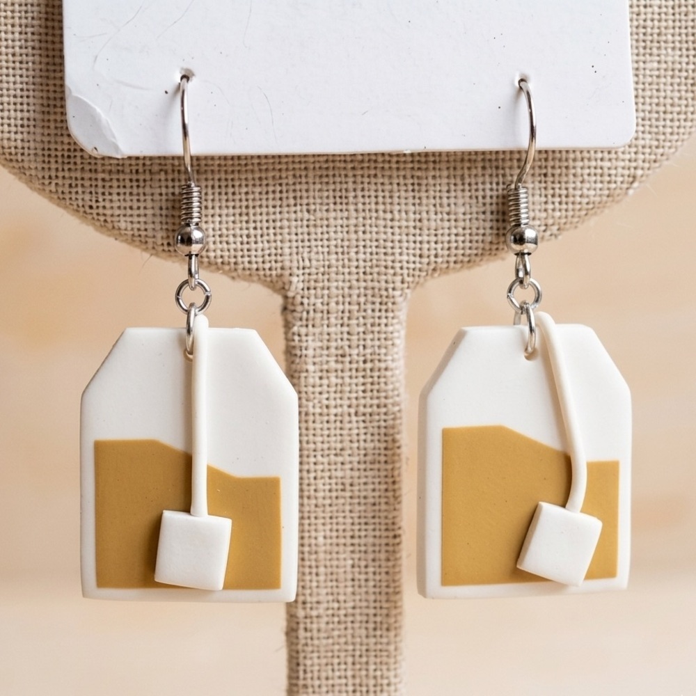 NWT Tea Bag Dangle Earrings - Handmade - White and Tan